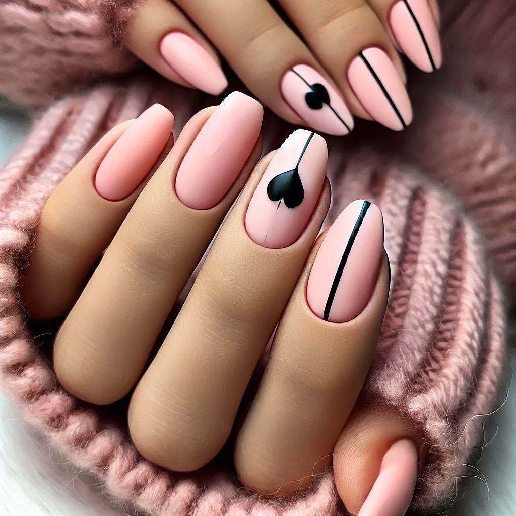 Soft Pink Nails with Black Heart Outline