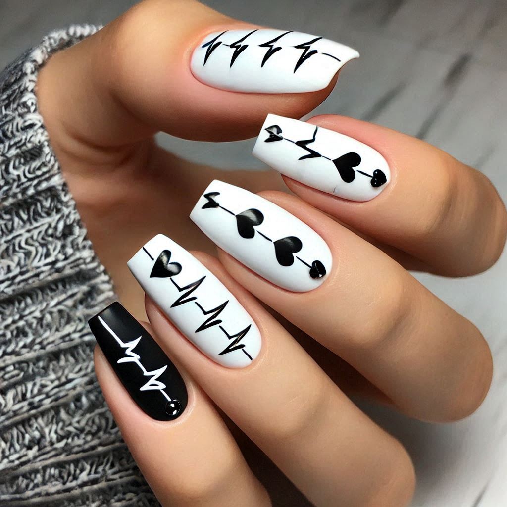 Monochrome Heartbeat Nails