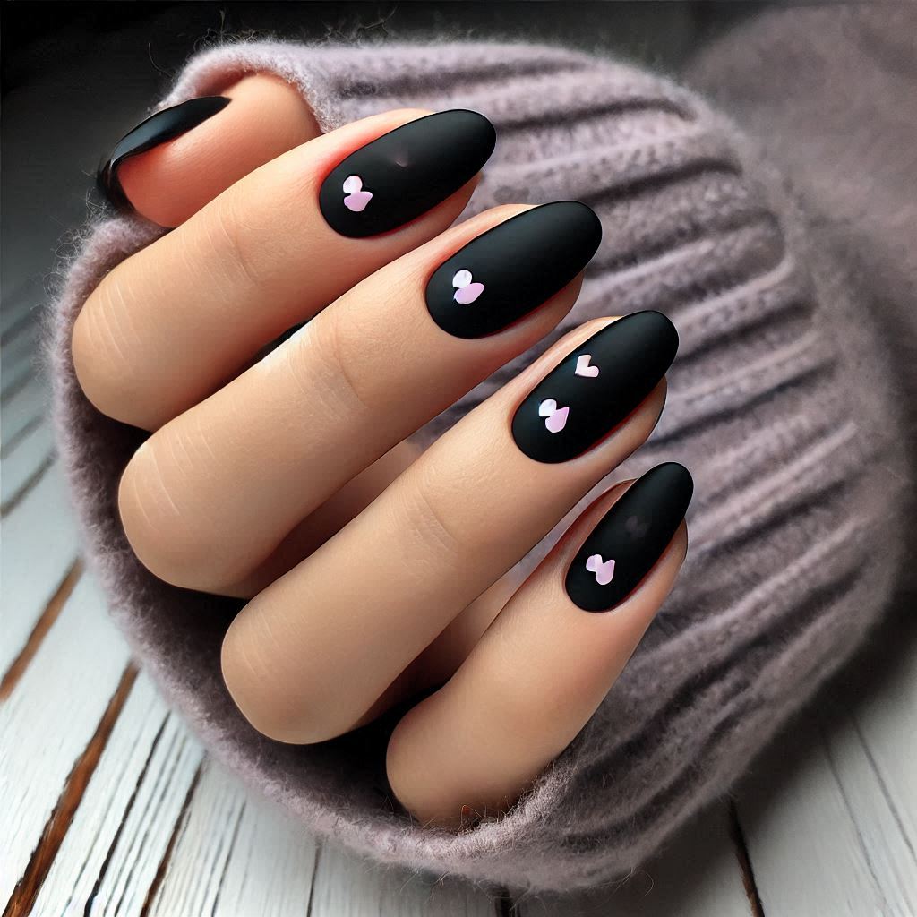 Simple black nails with pink hearts