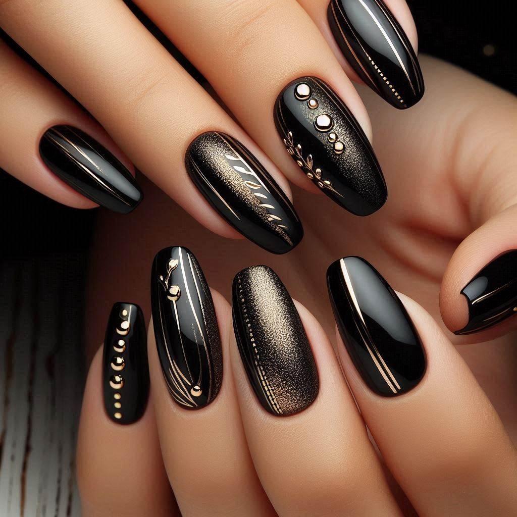 Black Nail Art with Metallic Accents