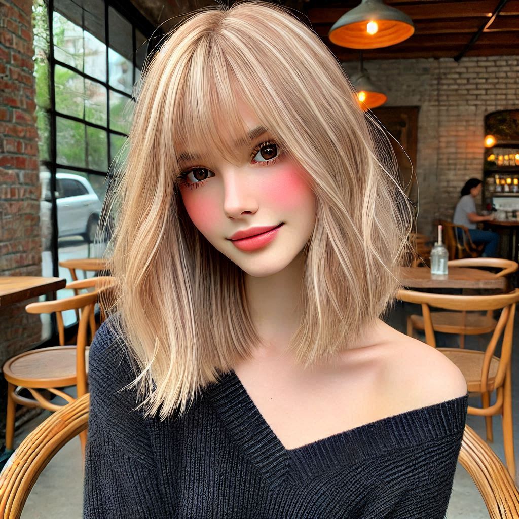  Collarbone-Length Blonde with Soft Baby Highlights and Bangs