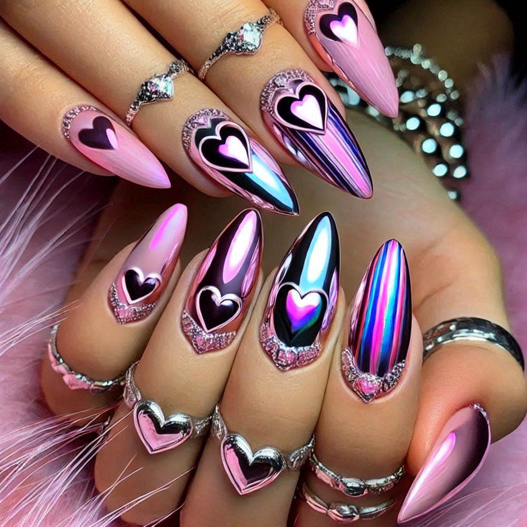 Chrome Pink Heart Nail Art