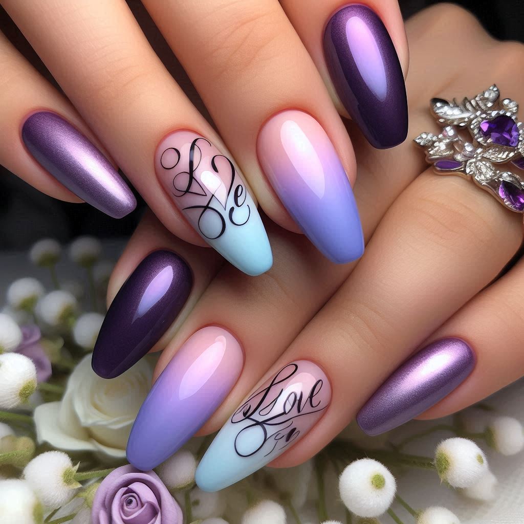 Purple Gradient Nails with Love Script