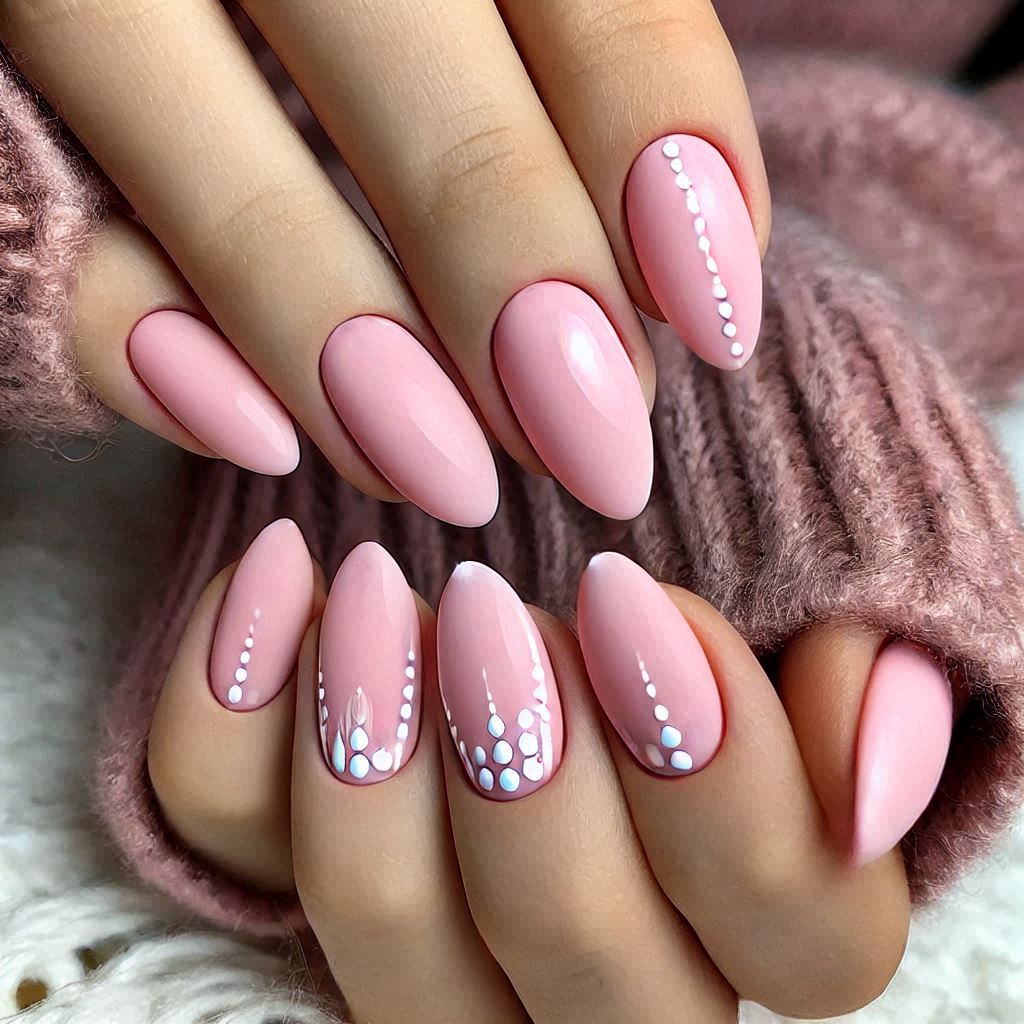 Pink Almond Nails with White Dots