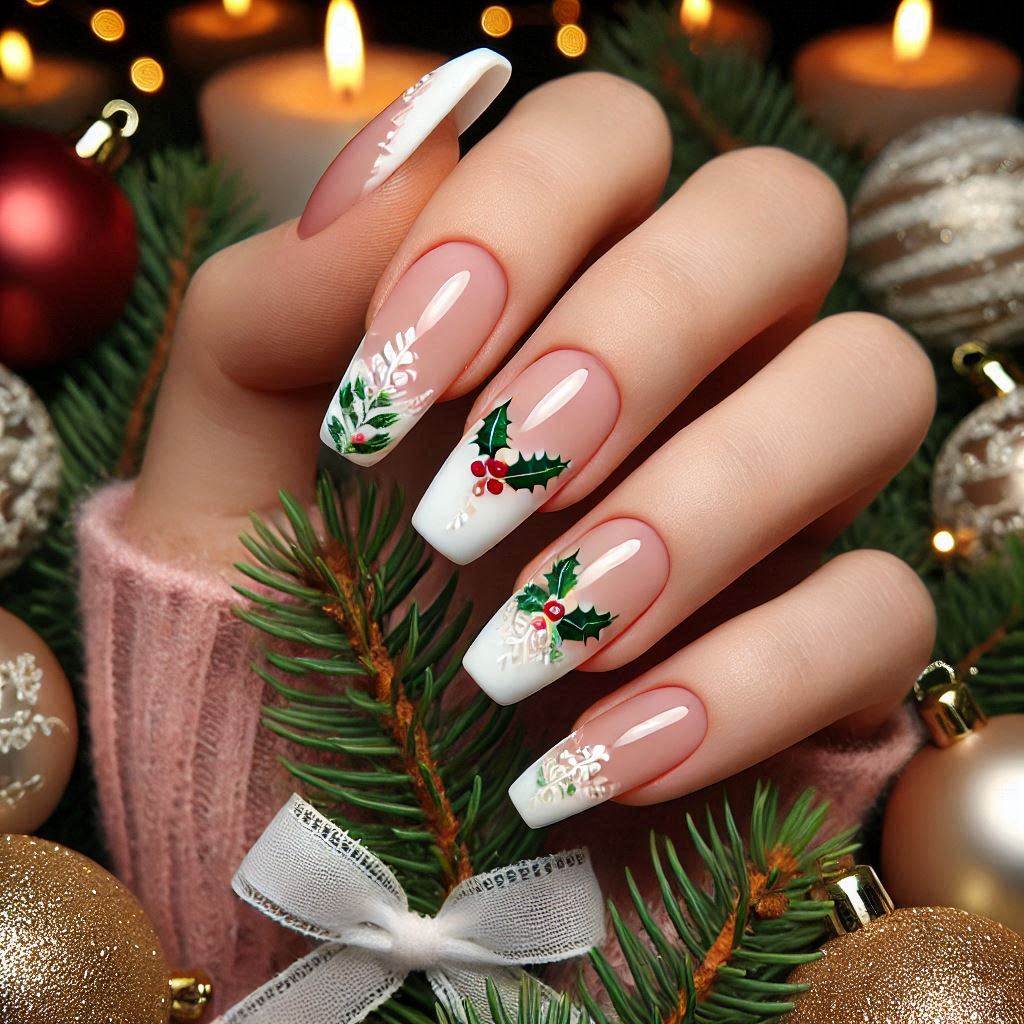 Christmas Holly French Tips