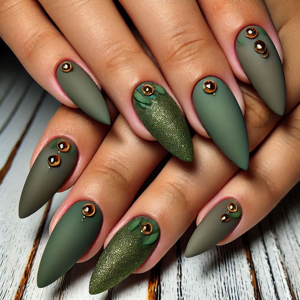 Matte Olive Green Almond Nails