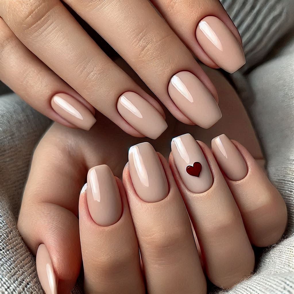 Minimalist Red Heart on Nude Nails