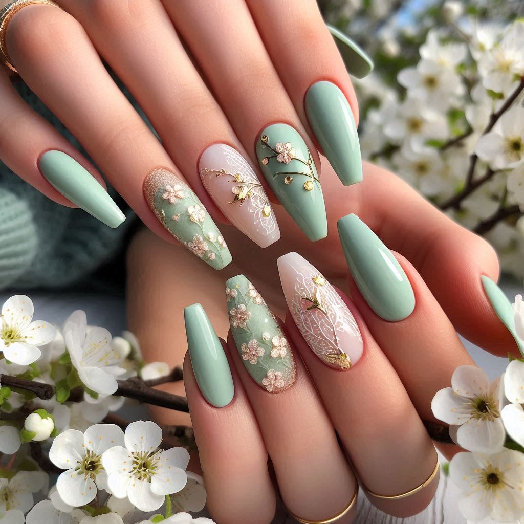  Green and White Floral Nails