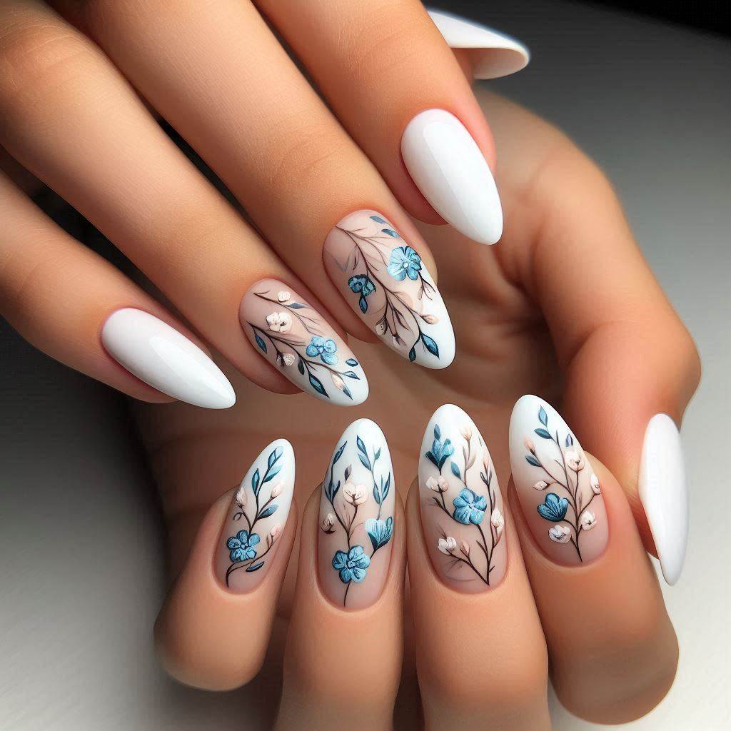 White Almond Nails with Blue Flowers