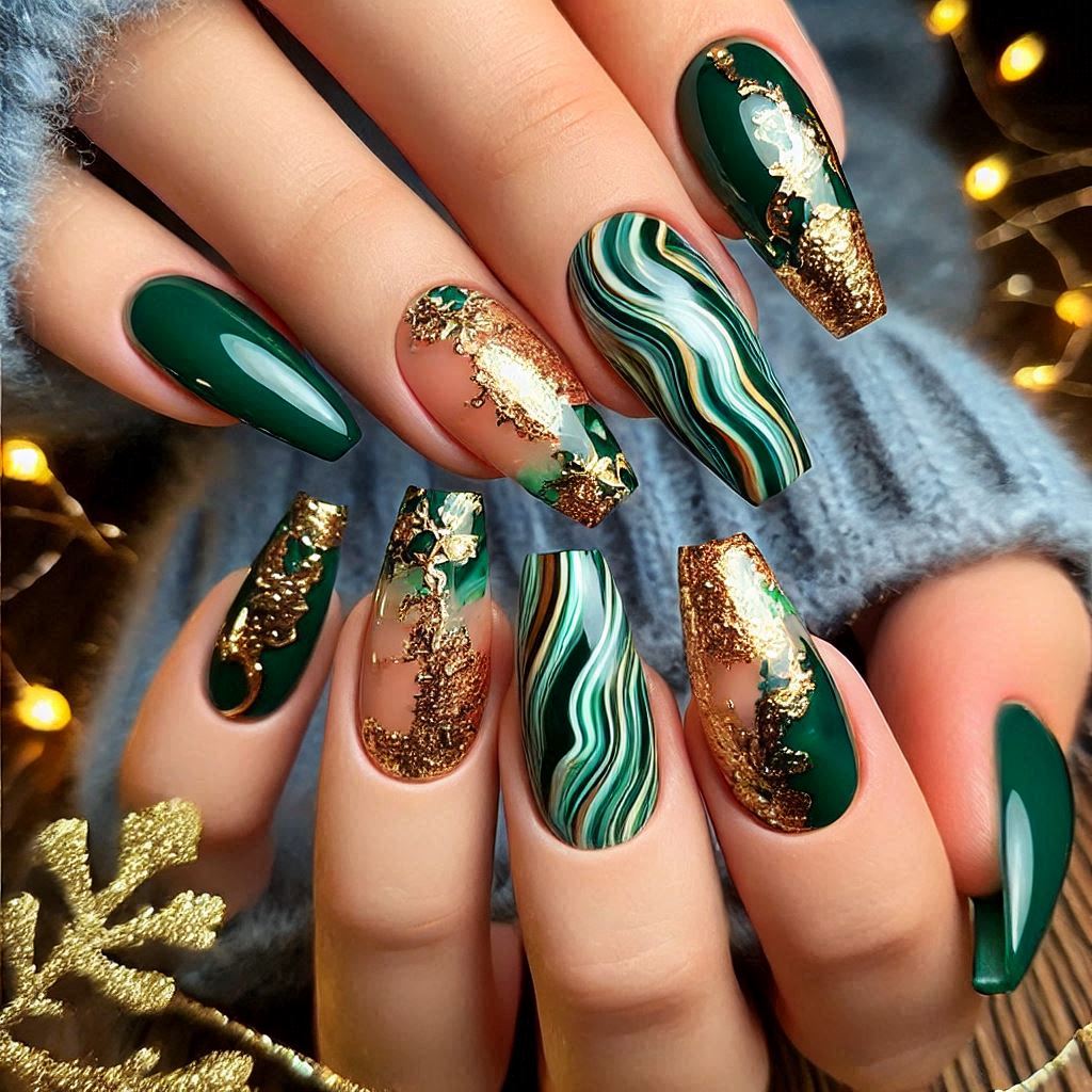 St. Patrick’s Day Acrylic Green and Gold Marble Nails