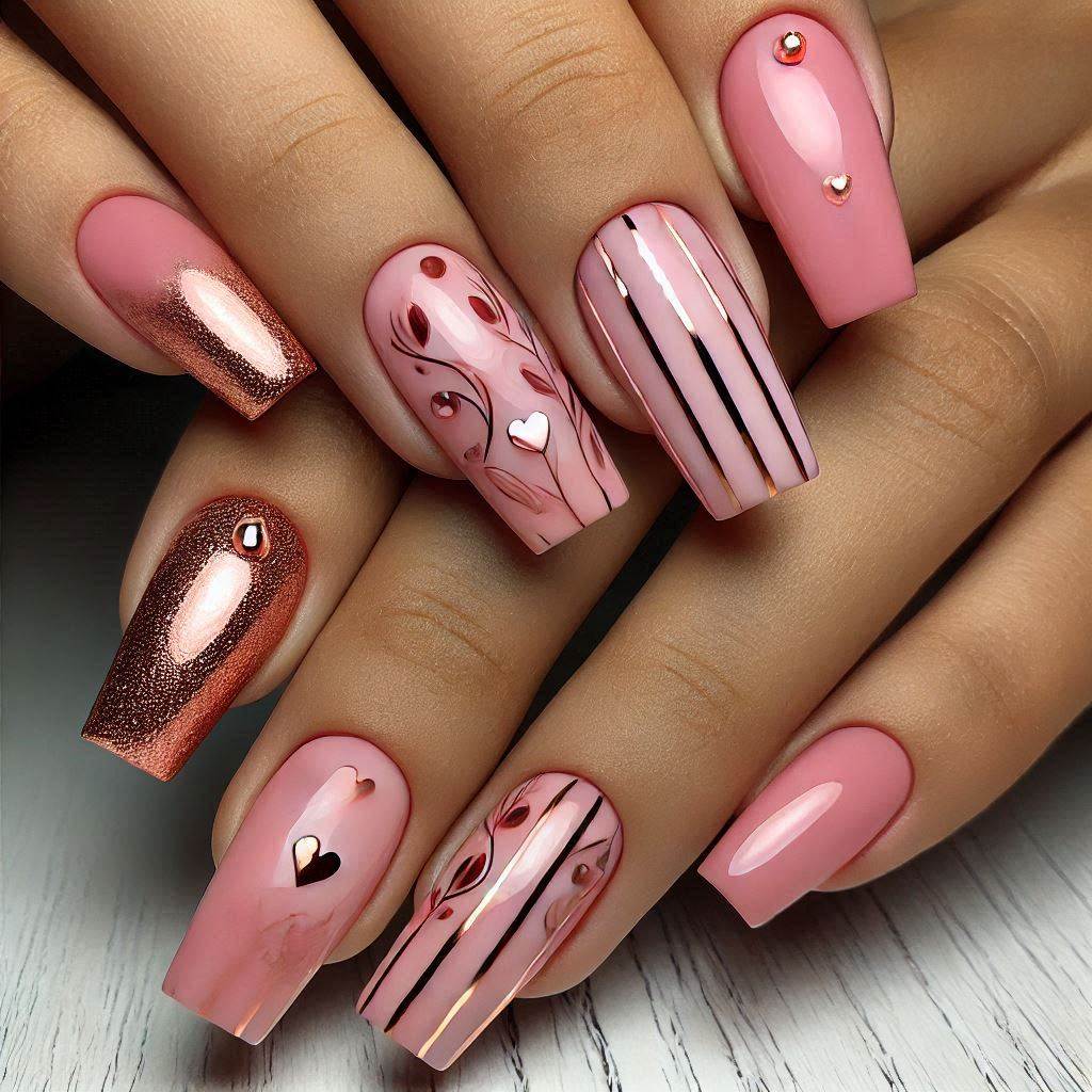 Rose gold and pink square nails