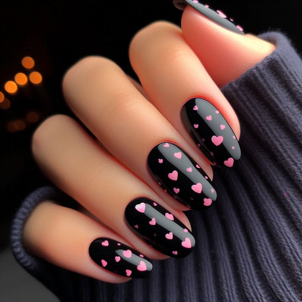 ute Short Black Nails with Pink Hearts