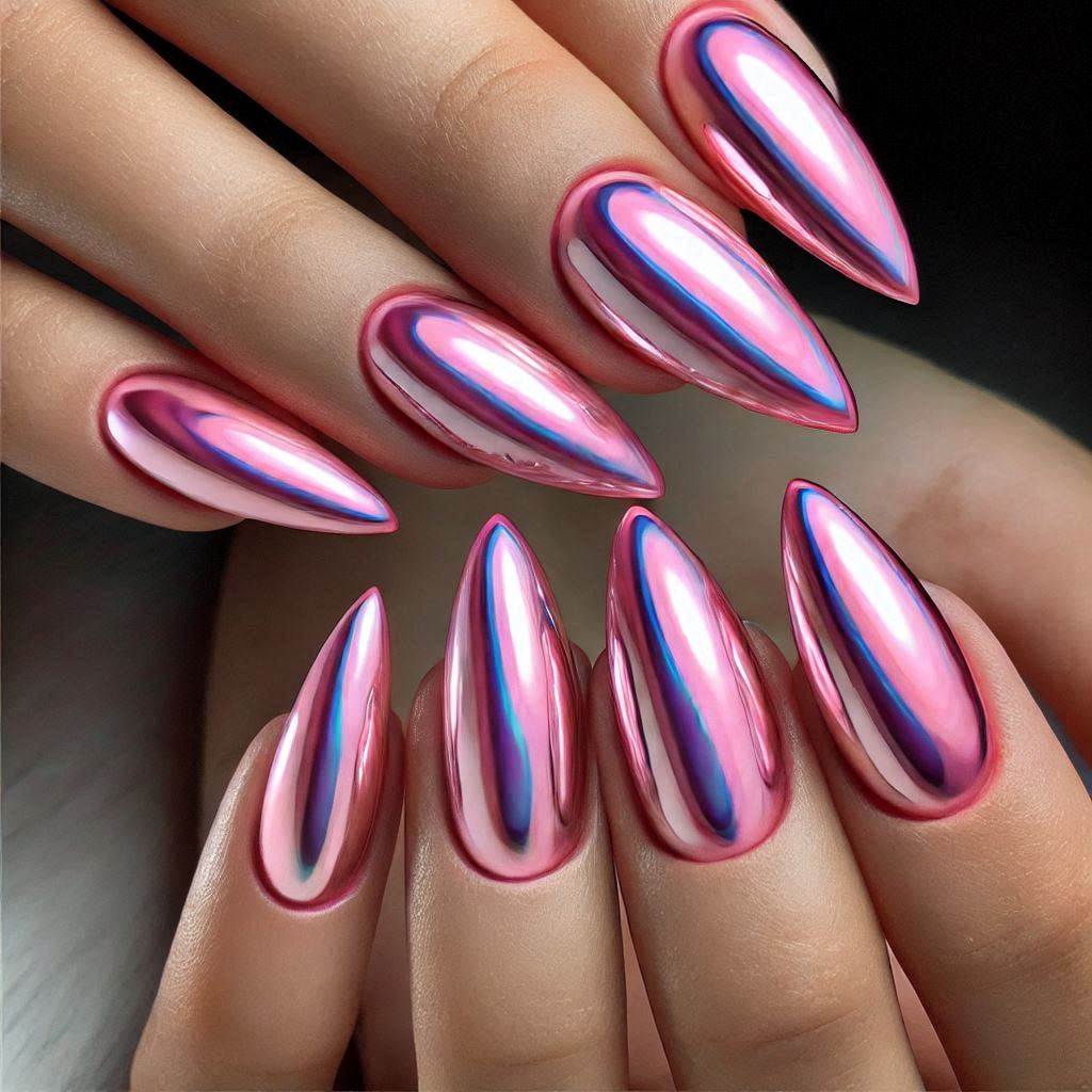 Almond-shaped pink nails with chrome effect