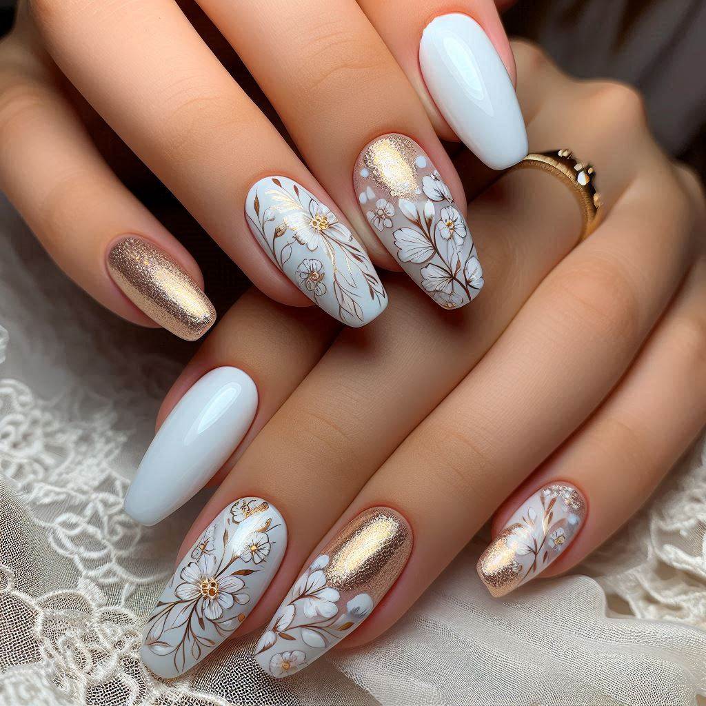 White Nails Short with Designs