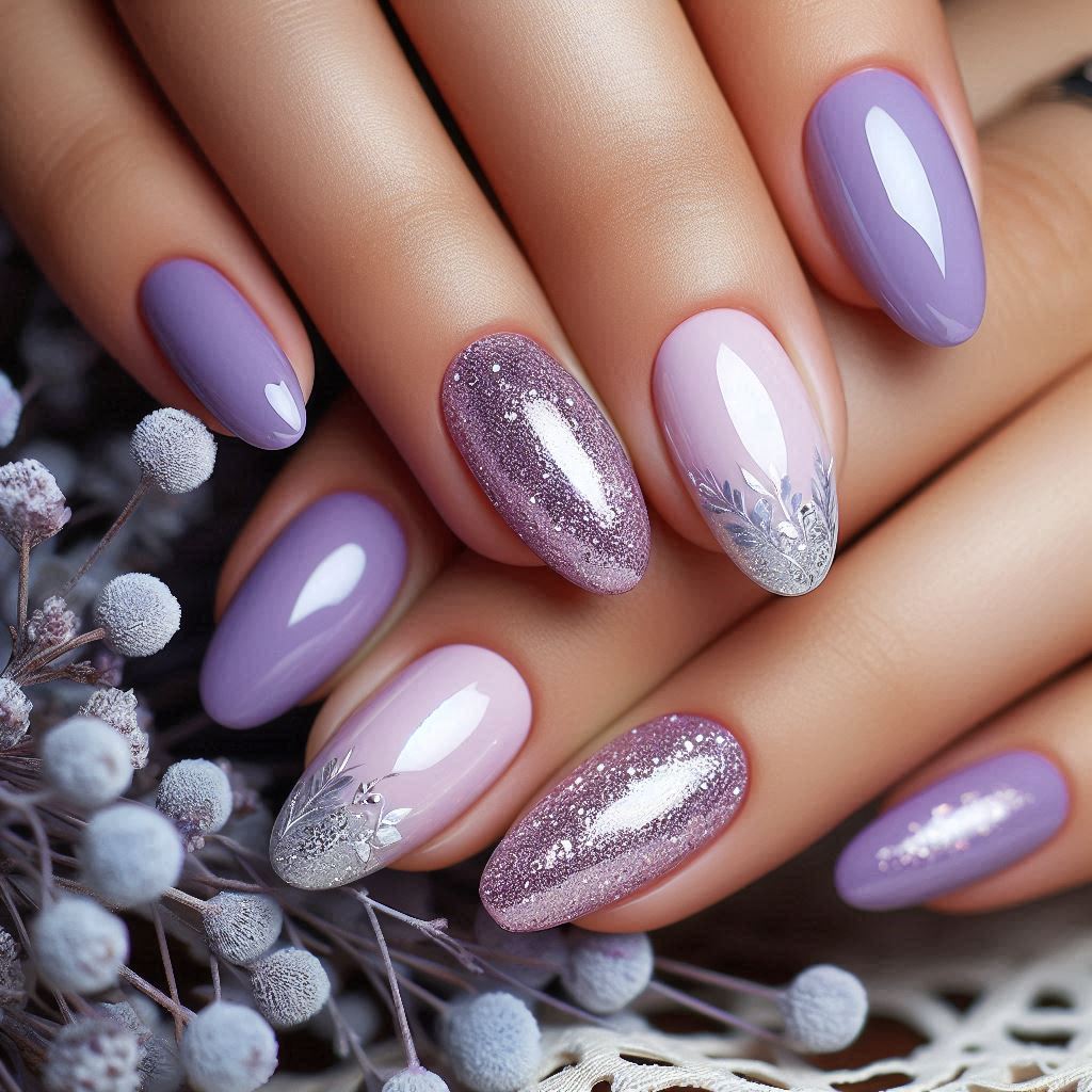 Lavender & Silver Glitter Nails