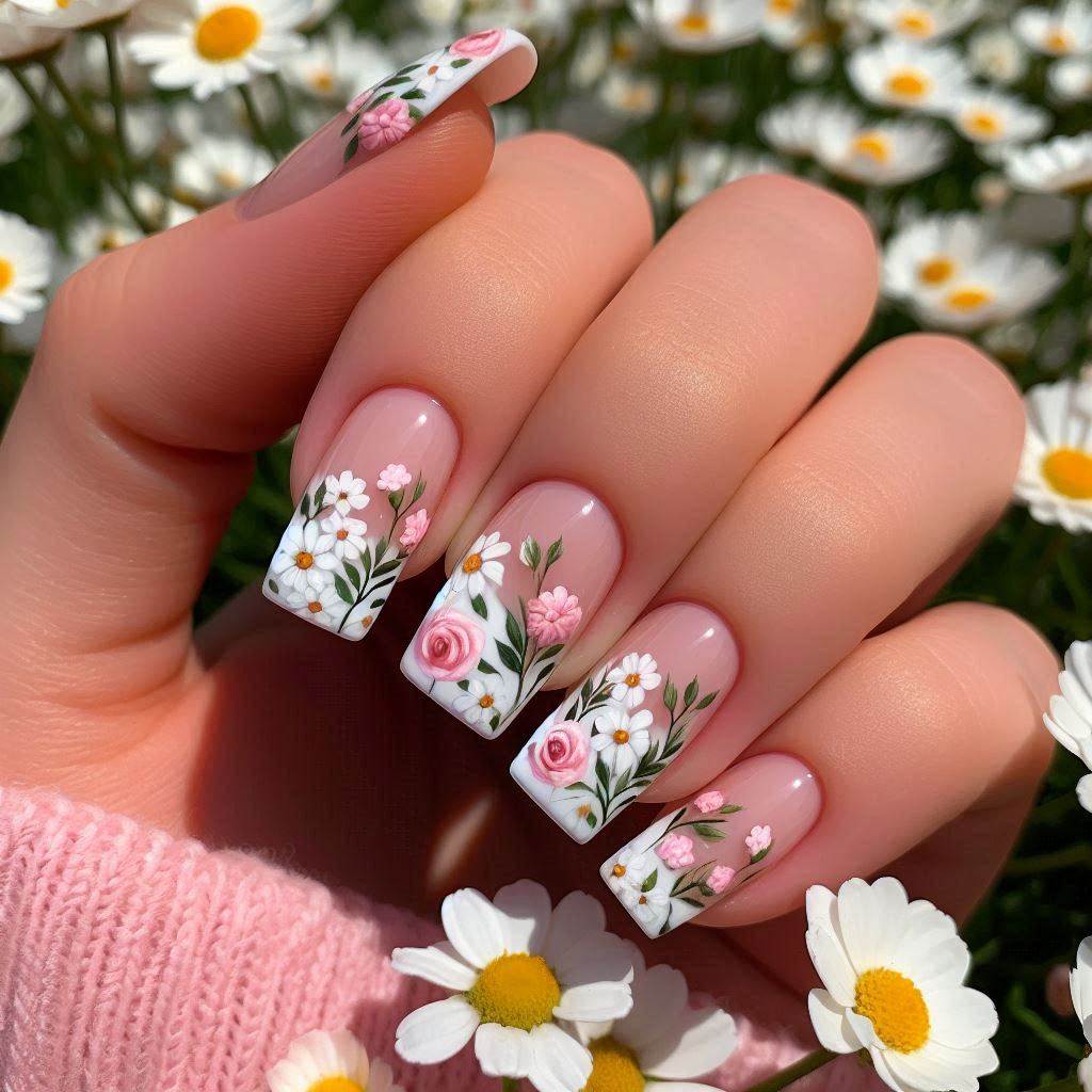 Short Summer Nails Square French with Floral Tips