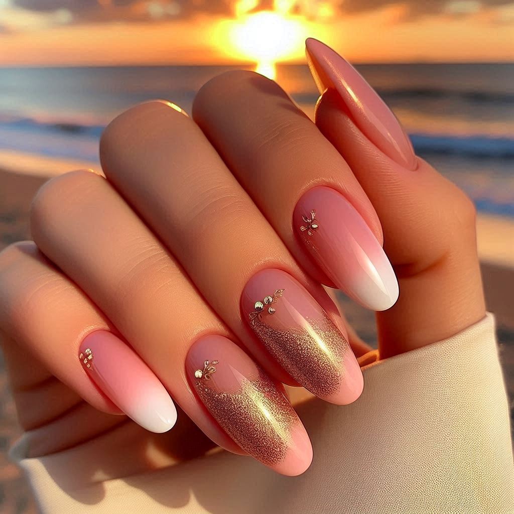  Soft Pink French Tips with Gold Glitter Accents