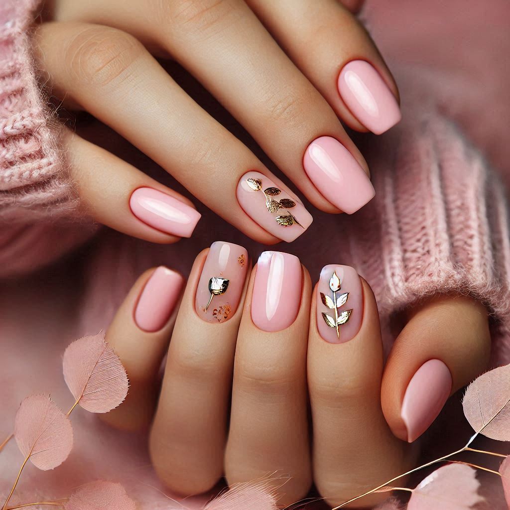 Short Pink Nails with Gold Leaf