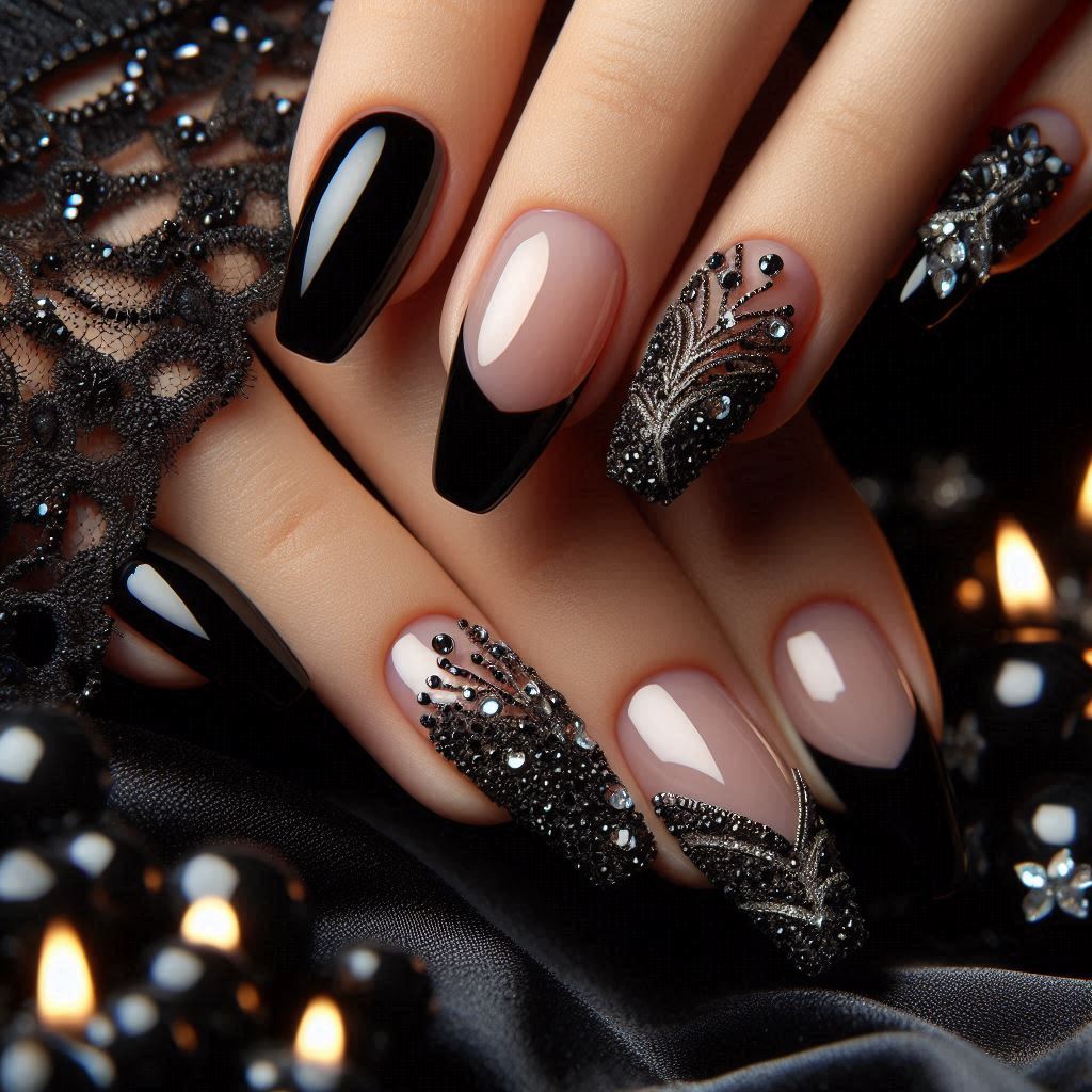 Black French Tip Nails with Rhinestones for a Touch of Luxury