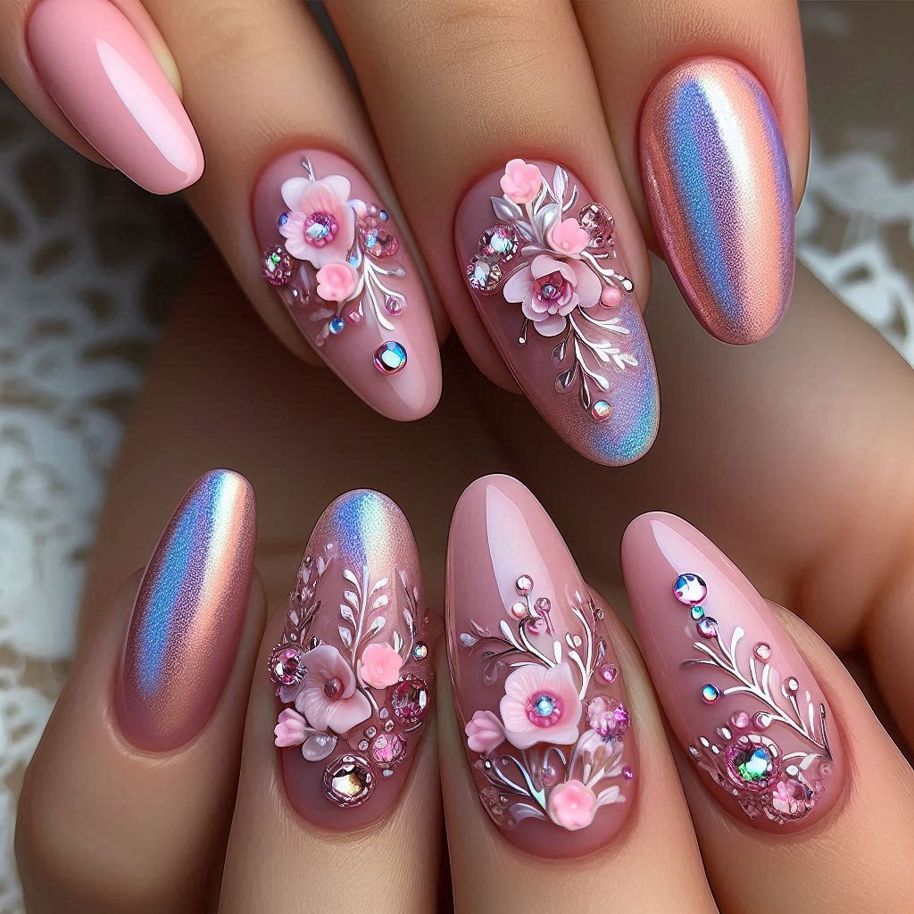  Soft Pink Chrome with 3D Flower Accents