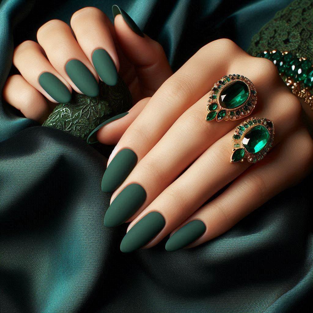 Dark Green Velvet Nails for a Regal Valentine’s Look