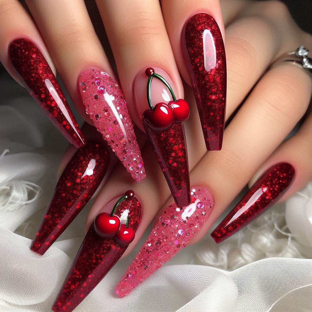 Long Acrylic Cherry Nails with Glitter Accents