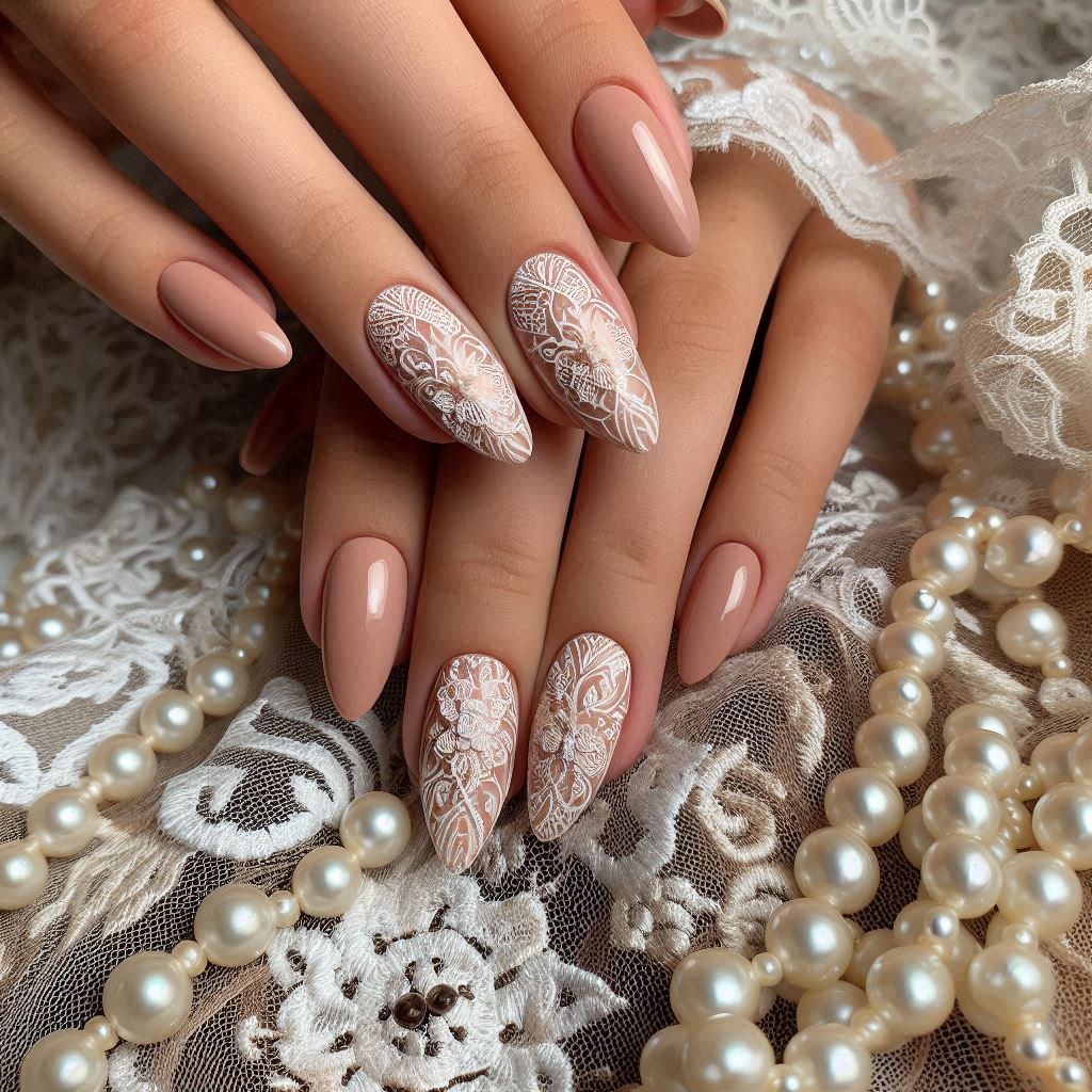 Romantic Champagne Nude with Delicate White Lace Patterns