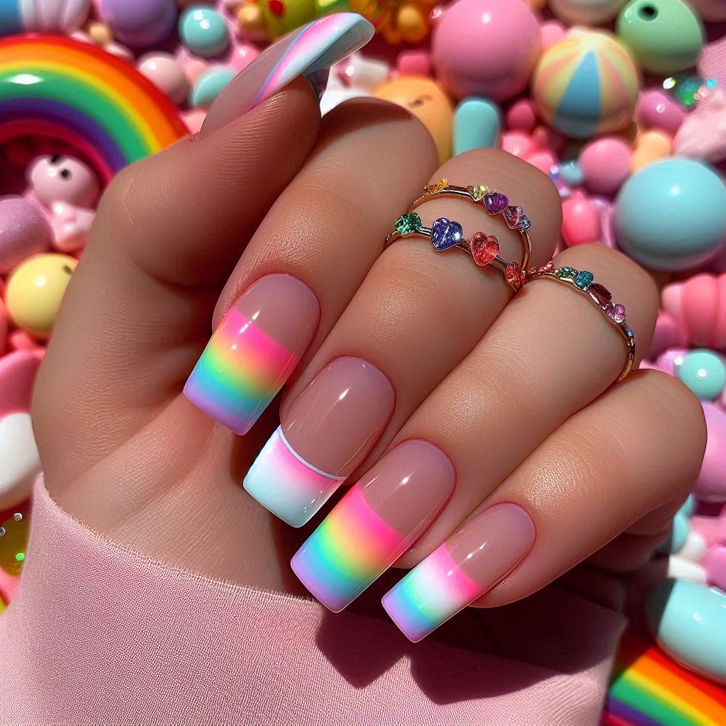 Pastel Rainbow French Tips for a Playful Twist