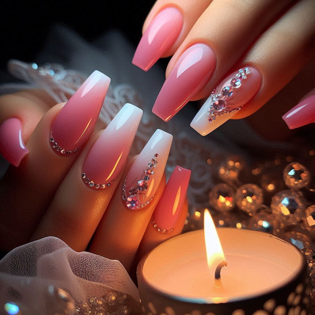 Fairy-Tale Magic with French Tip Nails Pink Rhinestone