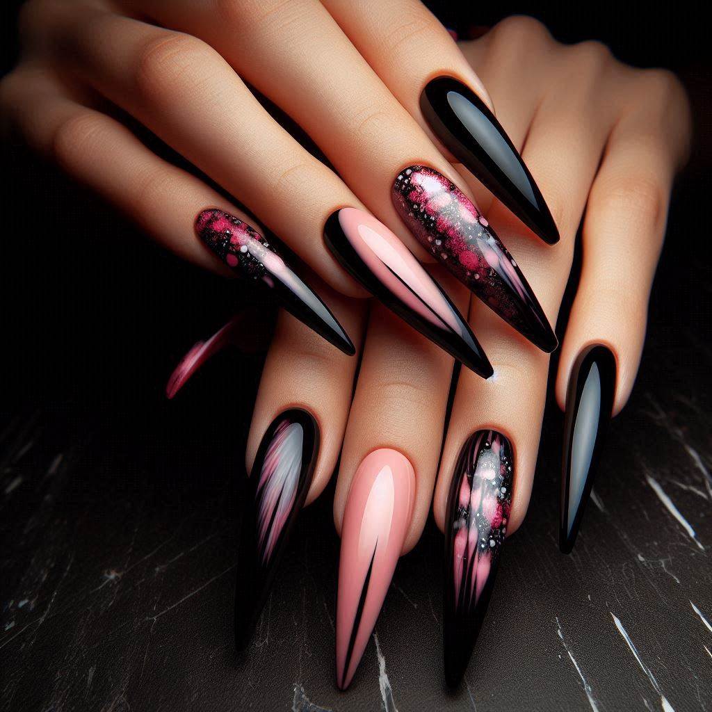 Black and Pink Stiletto Nails