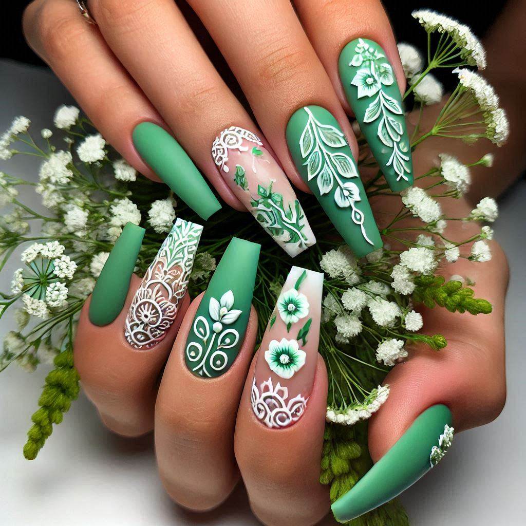 Acrylic Long Green Nails with Floral Art