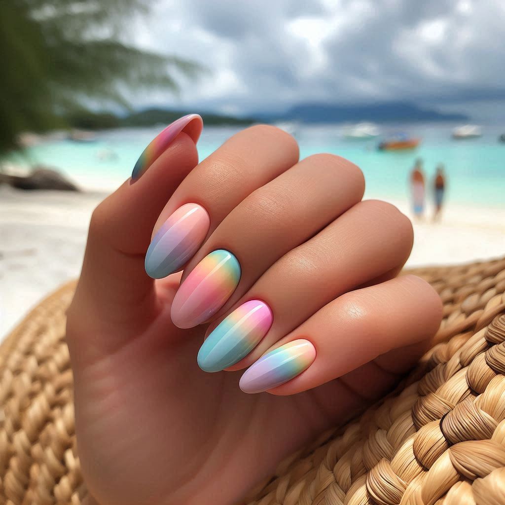 Soft Pastel Rainbow Almond Nails for a Playful Summer Look