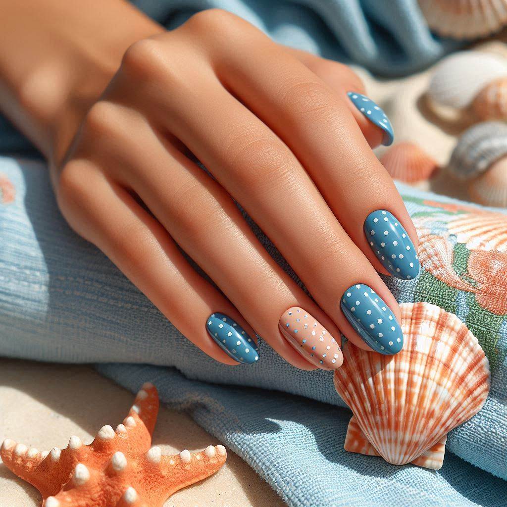 Short Square Blue Nails with White Polka Dots