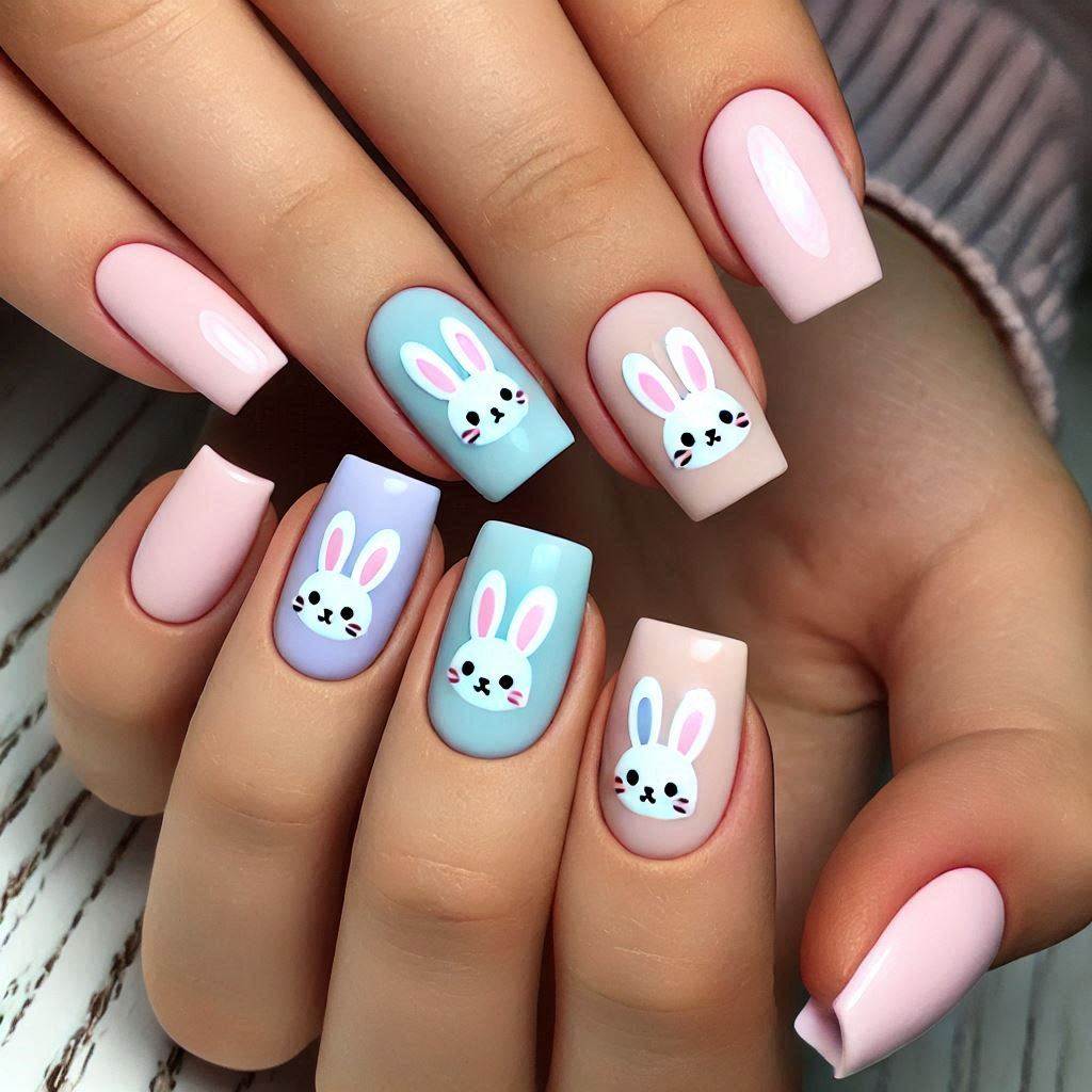 Easter Bunny Nail Art on Short Square Nails