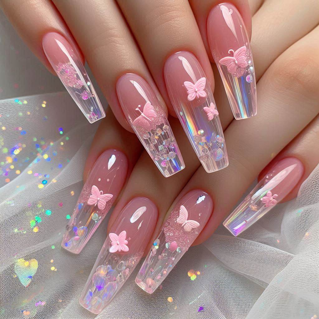 Clear Pink Nails with Embedded Charms