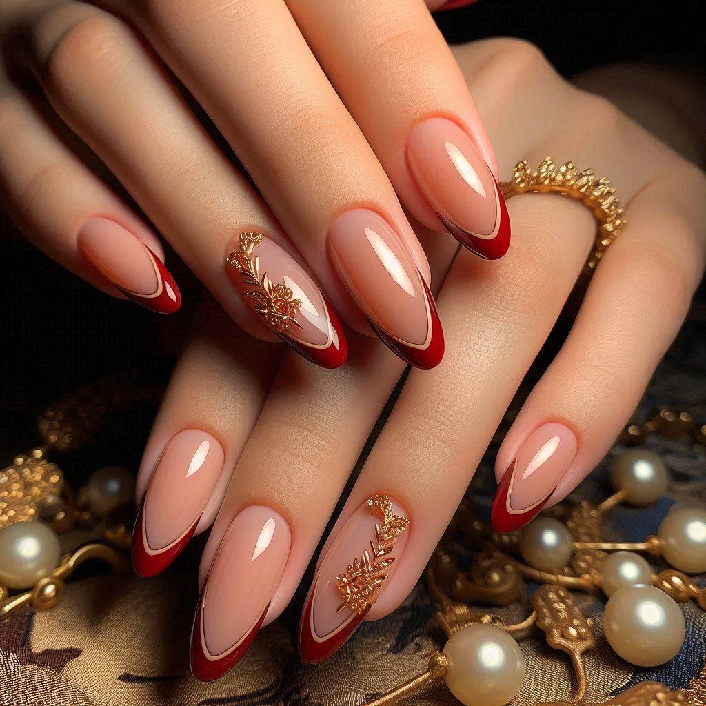 Elegant Almond Nails Red French Tip