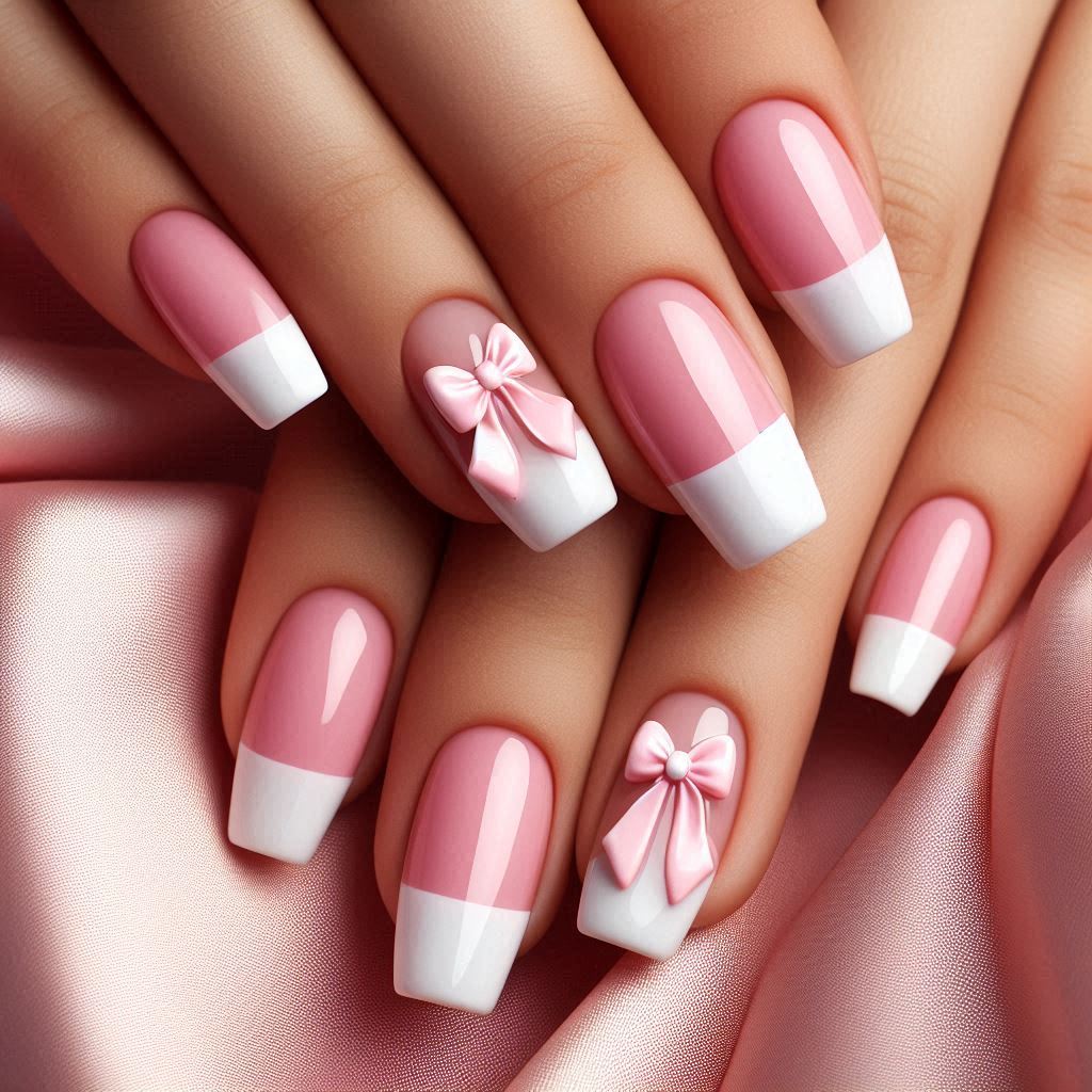 Cute and Playful French Tip Nails Pink Bow