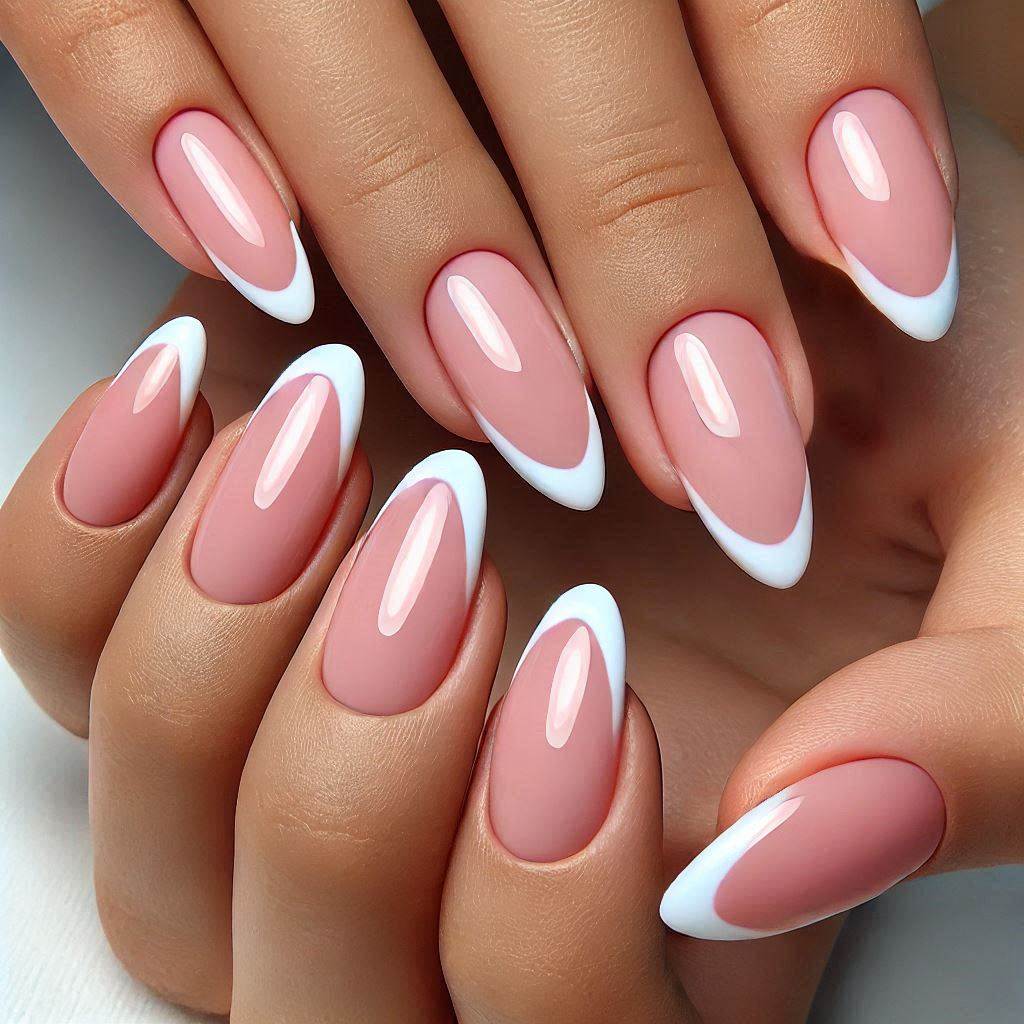 Almond-shaped pink nails with white tips