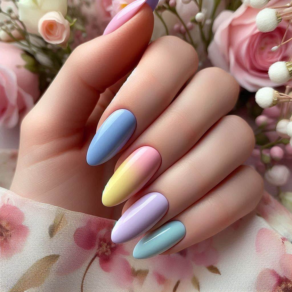 Pastel Rainbow Short Acrylic Nails Almond for a Fun Look