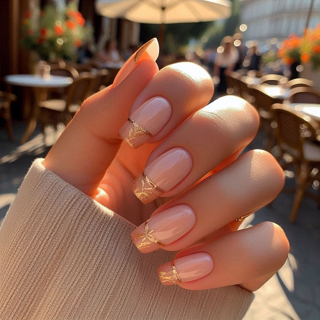 Soft Peach French Tips with a Delicate Gold Foil Touch