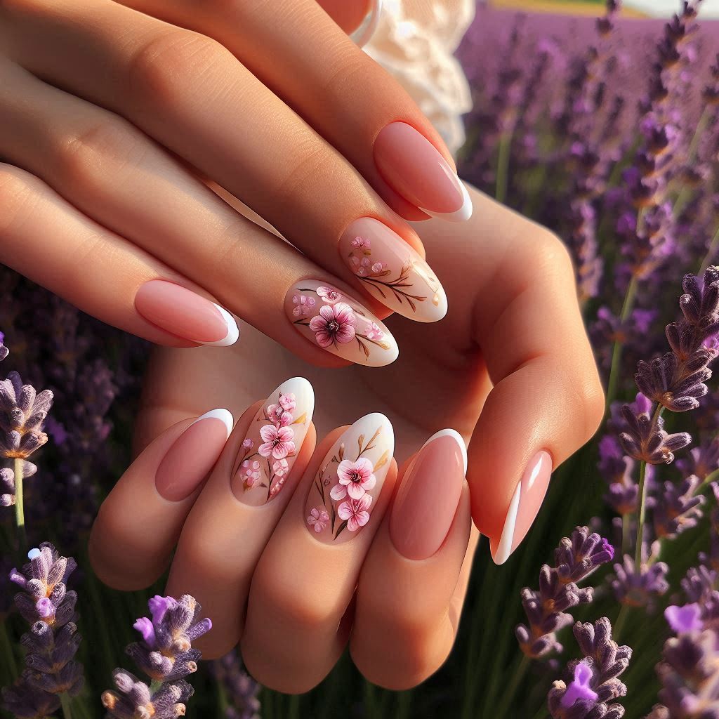 Almond-Shaped Nails with Floral French Tips