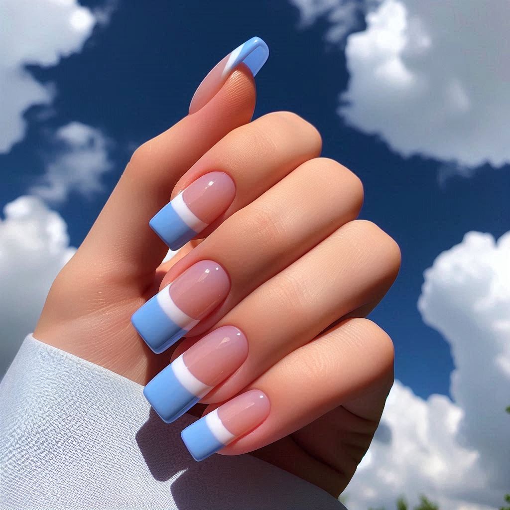 Baby Blue Short French Tip Nails for Summer