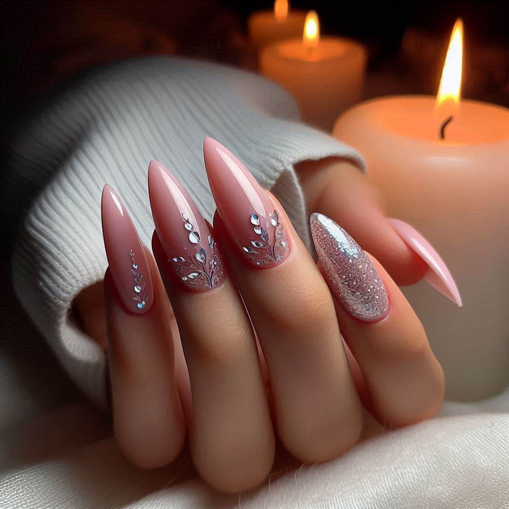 Pink Nails with Silver Glitter Tips