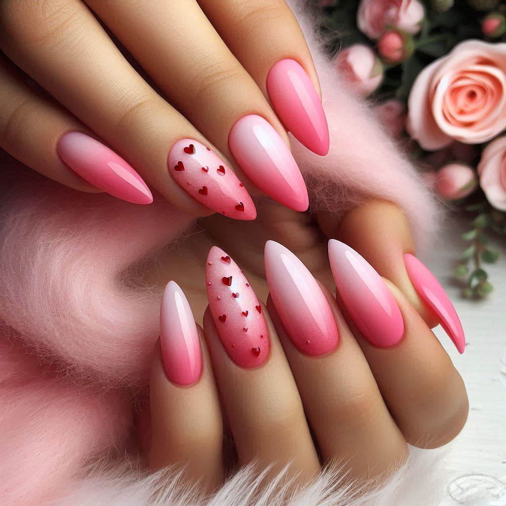 Pink ombre almond nails with small hearts