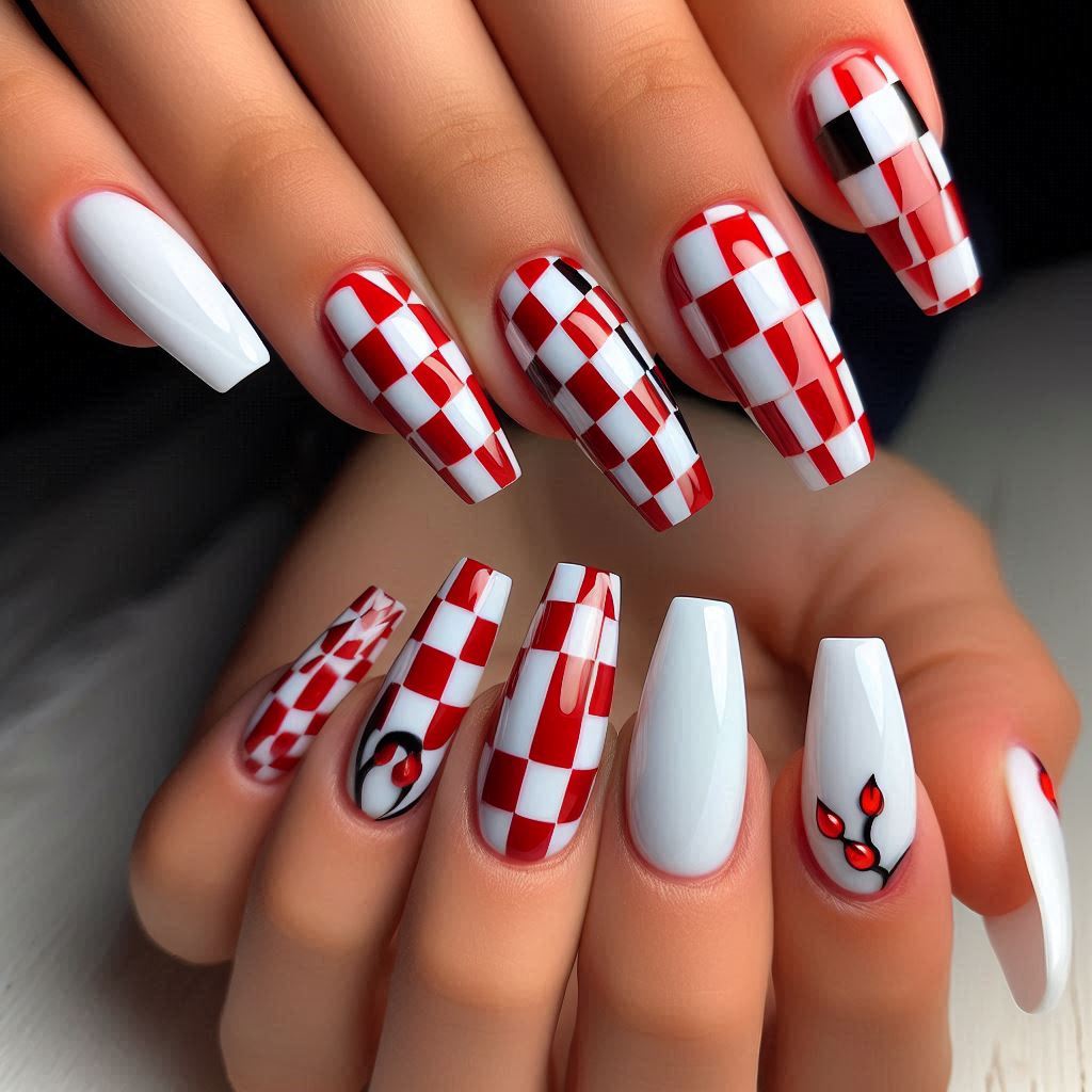 Red and White Checkerboard Nails