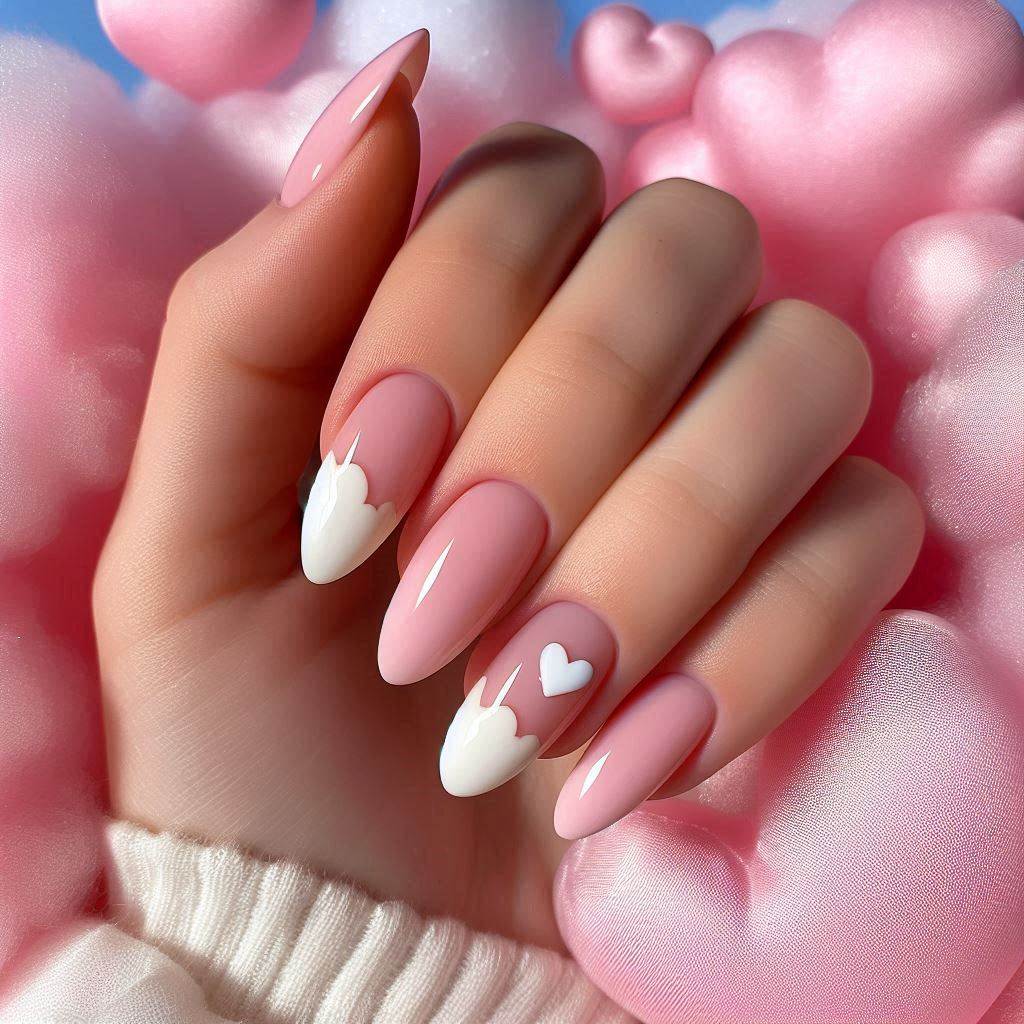 Soft Baby Pink French Tips with a White Heart Accent