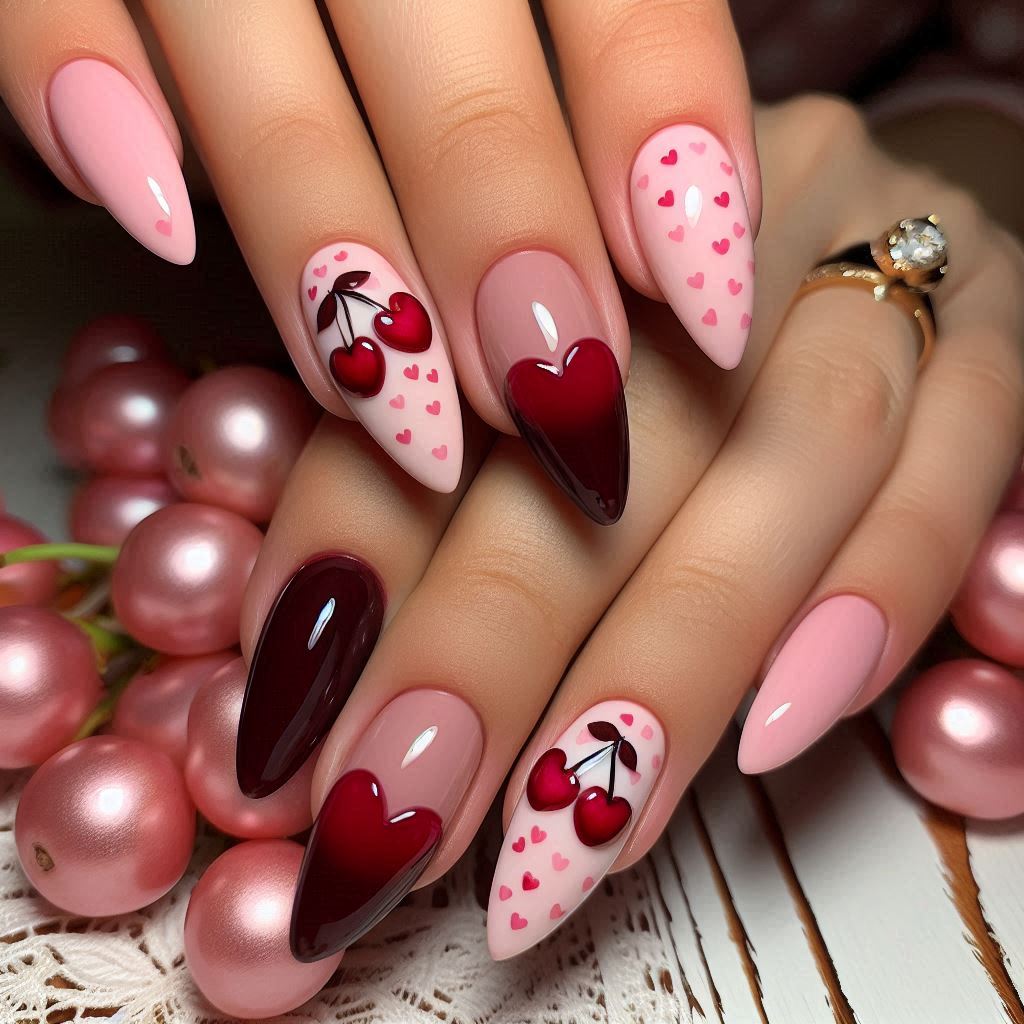 Coquette cherry nails with heart design