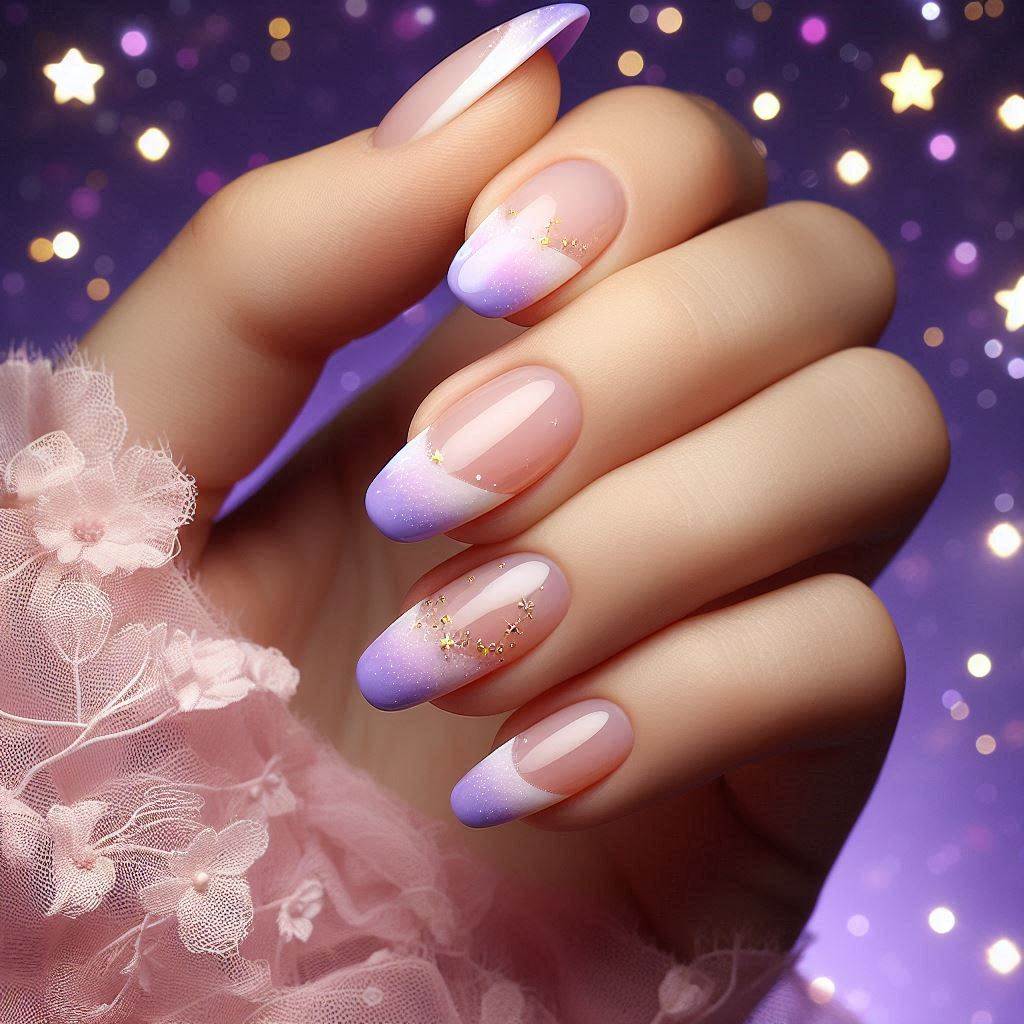 Pastel Purple French Tips with Gold Star Accents