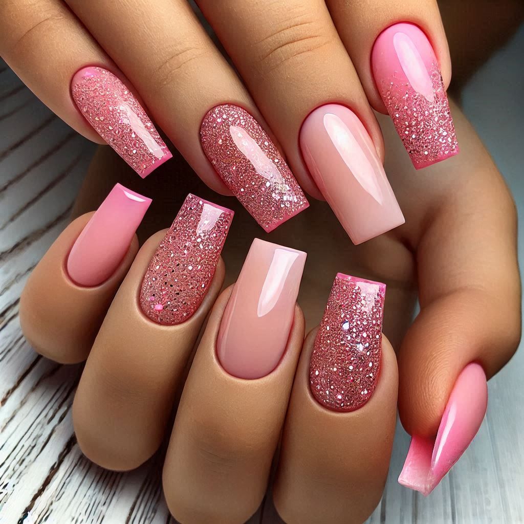 Pink Glitter Tips on Square Nails