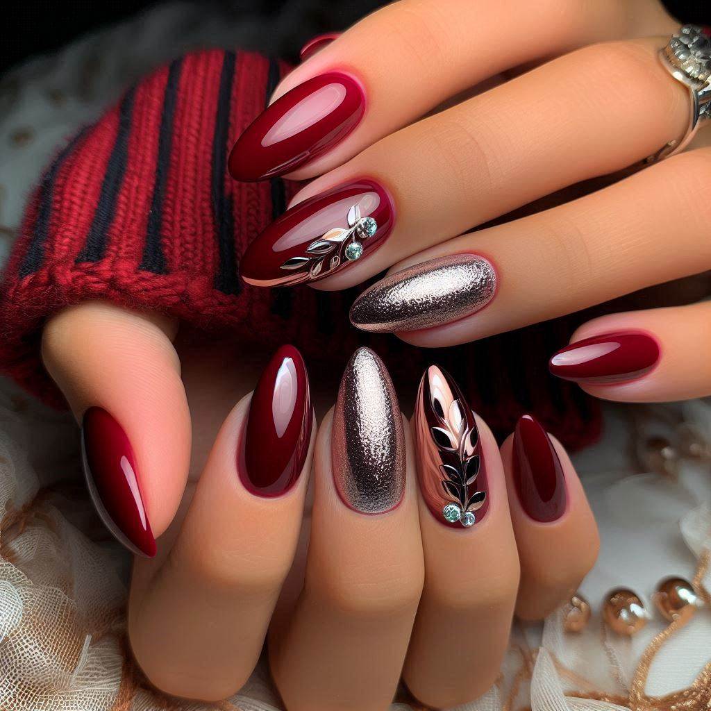 Short Almond Nails Red with Silver Accents 